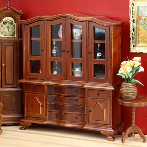 1/12 Antique European Style Display Cabinet with Glass Doors and Drawers Fine Craftsmanship Dollhouse Storage Miniature Furniture Christmas New Year Easter Gift