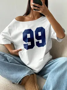 Women's Number Print Drop Shoulder Tee, Casual Half Sleeve Round Neck T-shirt for Daily Wear, Ladies Clothes for All Seasons