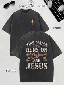 Men'S Heavy Washed Vintage Christian Faith T-Shirt - "This Mama Runs on Coffee " Back Print, Oversized Loose Fit Streetwear Tee with Prayer Hands & Cr women's and men's tops TikTokShop Black Friday