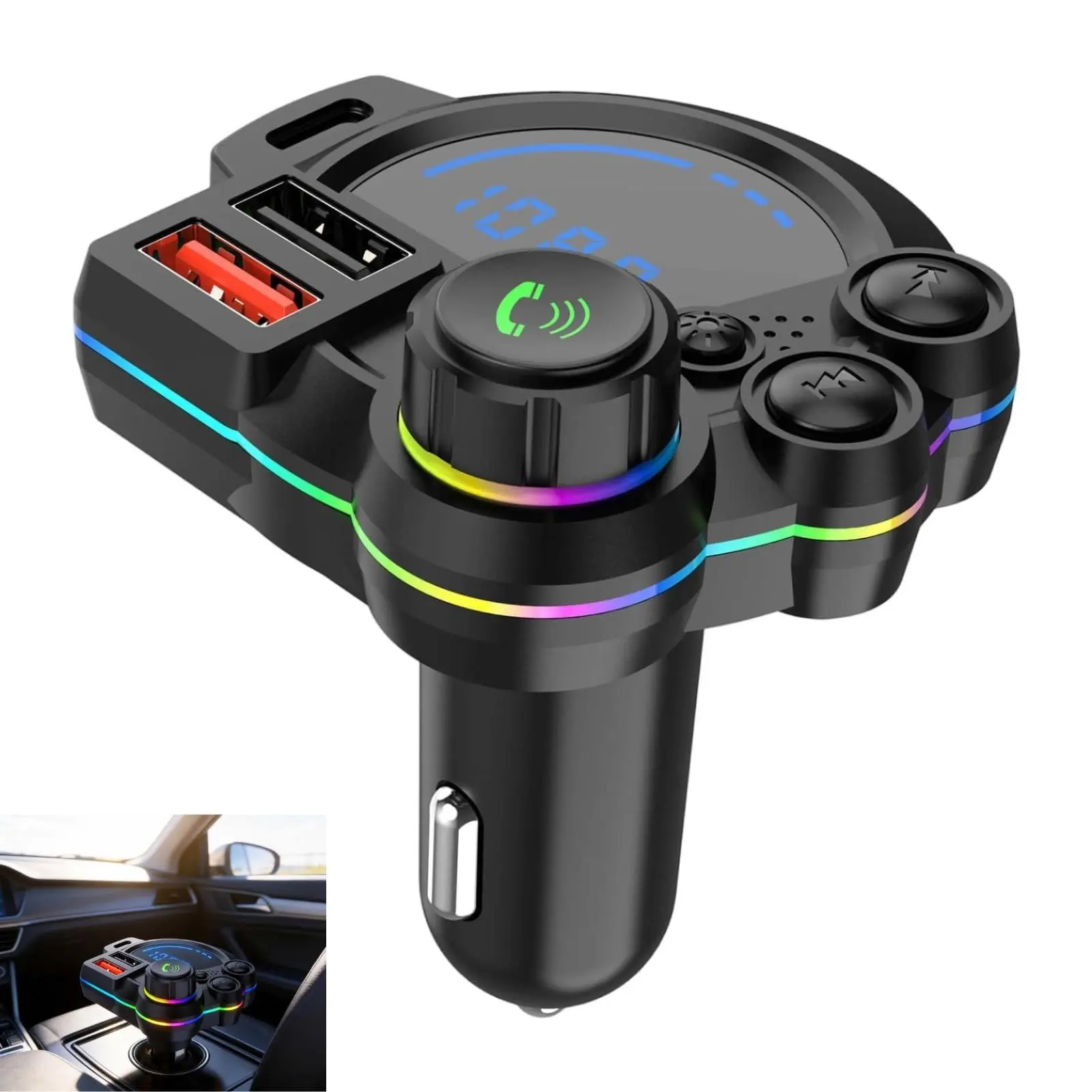 Multifunctional Car Charger,  Bluetooth 5.3 FM Transmitter, with Dual USB Ports Fast Charging, LED Display, RGB Ambient Light, Bluetooth Car Adapter for Hands-Free Calling