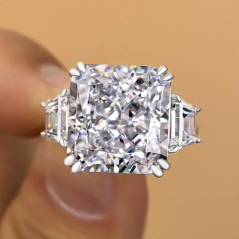 Luxury 12ct Radiant-Cut 3-Stone 925 Sterling Silver Engagement Ring - Adjustable 5A Cubic Zirconia Sparkle for Her, Moissanite Cluster Anniversary Ring Moissanite Band Ring Solitaire Halo Ring Anniversary Ring Bezel Engagement Ring