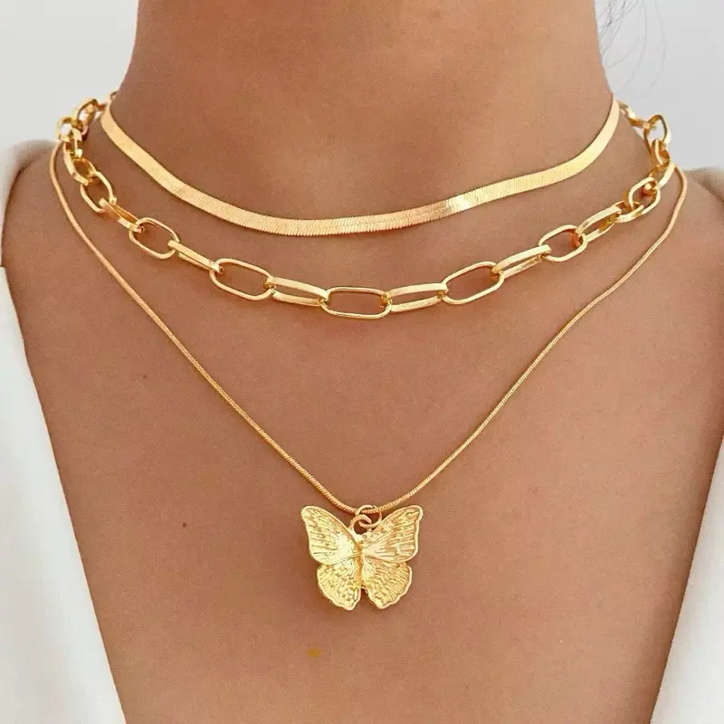 Women's Minimalist Gold Butterfly Motif Layered Necklace Set - Female Multiple Lengths Herringbone Choker, Paperclip Chain & Butterfly Pendant, Casual Wear