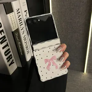 Ins-style Transparent Wave Border White Polka Dot Bow Foldable Full Protection Anti-Drop Phone Case for Samsung Galaxy Z Flip 7 / Z Flip 6 / Z Flip 5 / Z Flip 7 FE