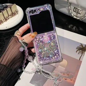 Phone Case for Samsung Galaxy Z Flip 7 6 5 4 3 5G Flip7 FE Luxury Crystal Butterfly Flower Diamond Stone Pearl Wrist Strap Cover