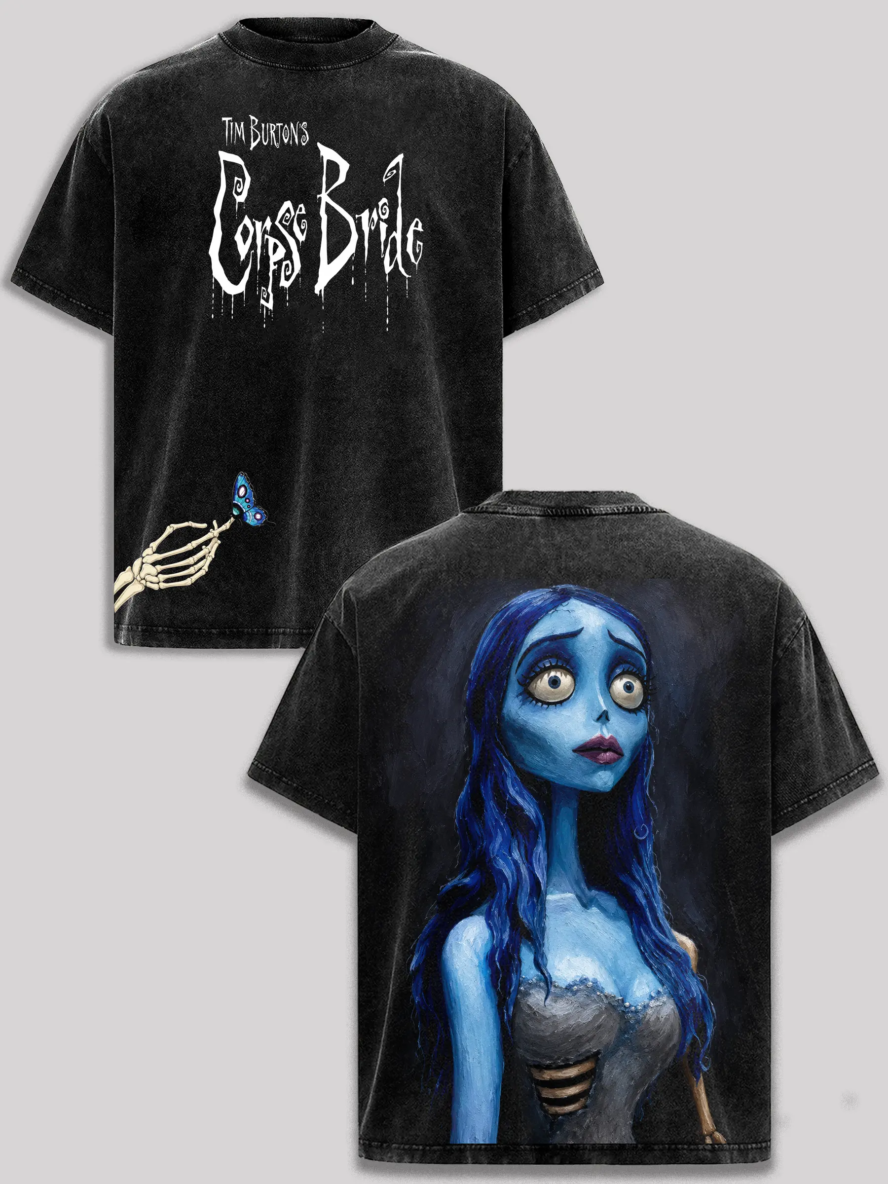 Tim Burton's Corpse Bride Vintage Washed T-Shirt Heavyweight Cotton Graphic Tee Gothic Horror Movie Emily Blue Bride Dark Fantasy Halloween Oversized Acid Wash Tee Retro Streetwear Unisex Graphic Shirt Emo Punk Alternative Gift for Corpse Bride Fans