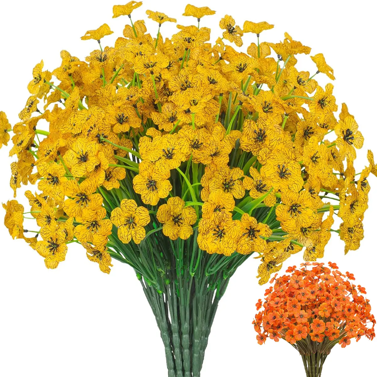 12 Bundles  Artificial Flower, Faux Flower Bouquet, UV Resistant Eucalyptus & Violet Stems for Gardens, Yards, Porches, Balconies, and Indoor Home Decor(Fall Orange/ Yellow)