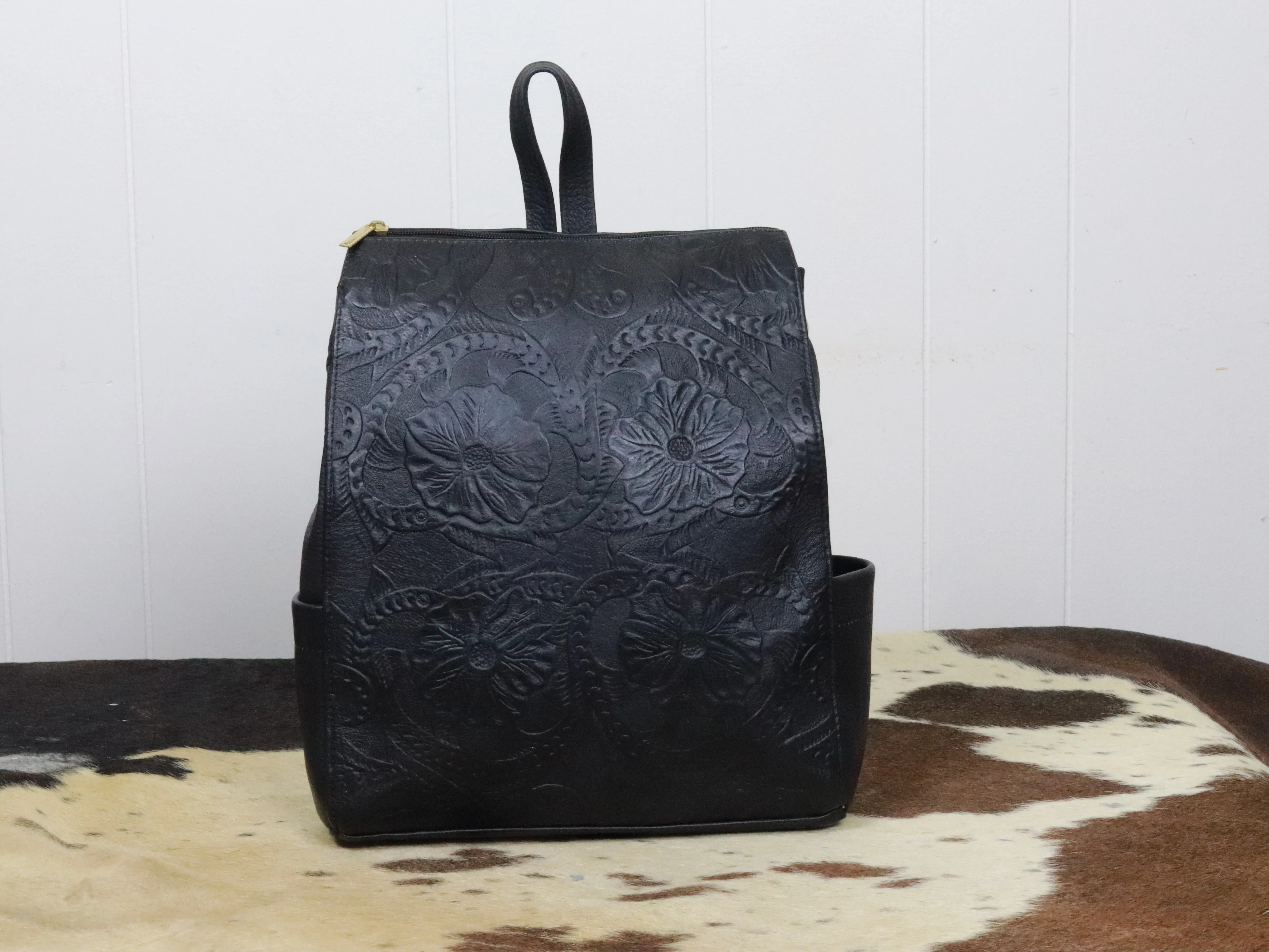 Women's Black Genuine leather Floral Backpack