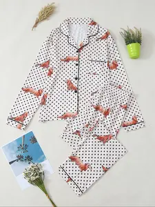 Women's Sweet Dachshund Polka Dot Pajama Set, Long Sleeve Lapel Cardigan Top & Elastic Waist Pants, Comfortable All-Season Fabric