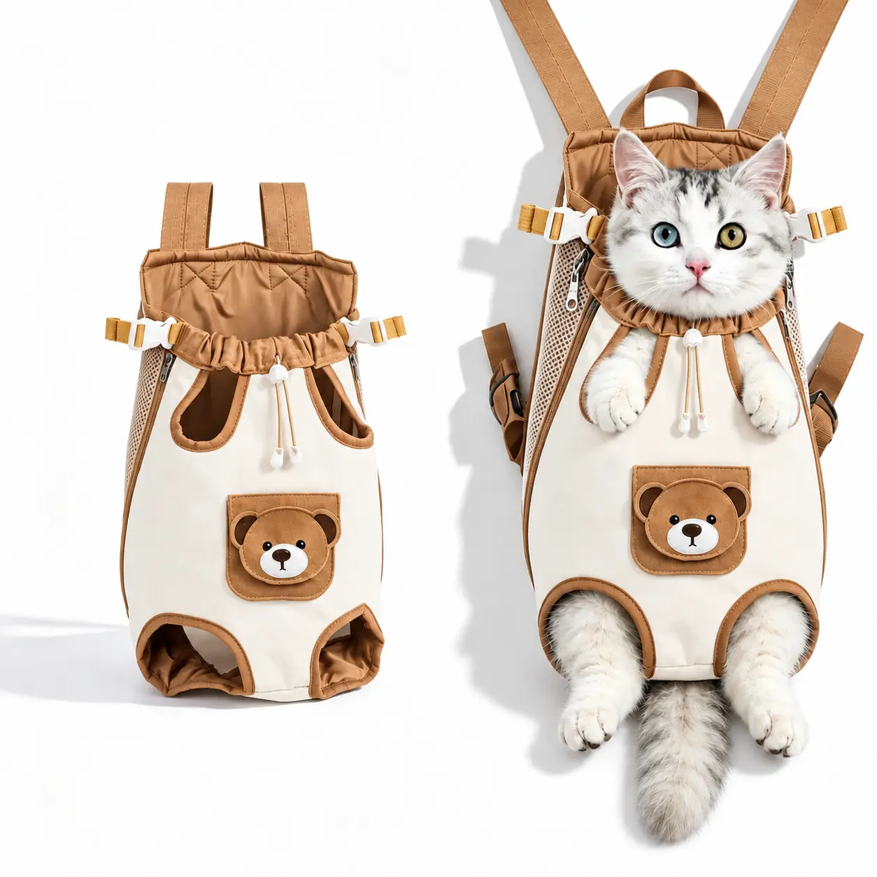 Cute Bear Pet Front Strap Backpack, Breathable Mesh Shoulder Cat Bag, Adjustable Double Strap Cat Strap Bag, Lightweight Outdoor Hiking and Camping Hands Free Travel Bag