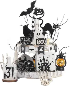 Halloween Decorations-15pcs Halloween Tiered Tray Decor Set Ghost Castle Wooden Signs Boo Black Cat Pumpkin Trick or Treat Blocks Table Sign Halloween Decor Indoor for Home Table Party