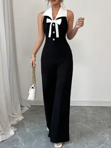 Summer Women's Elegant Plain Romper, Halter Sleeveless Romper, Bow Design, Slim Fit, Perfect for Shopping, Parties, Commuting