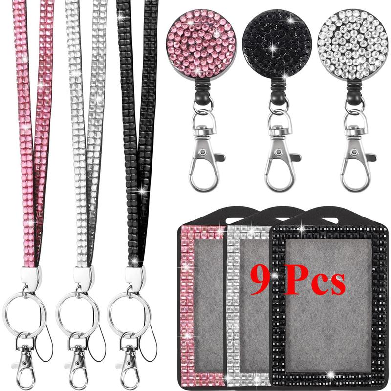 9 in 3 Sets 3 Color Upgraded Rhinestone Lanyard for ID Badges for Women Cute, Bling Mom Lanyards for ID Badges Teacher ID Card Holder Crystal Retractable Badge Reel for Student