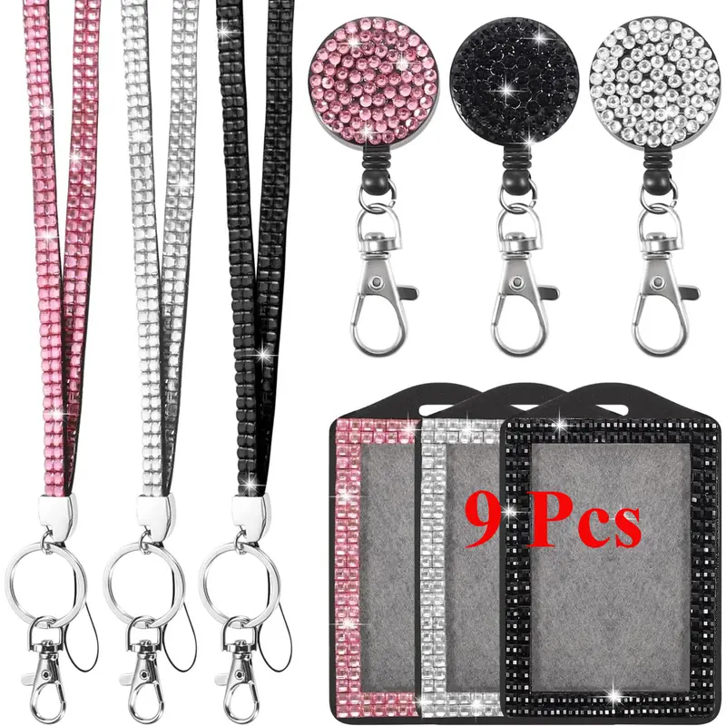 9 in 3 Sets 3 Color Upgraded Rhinestone Lanyard for ID Badges for Women Cute, Bling Mom Lanyards for ID Badges Teacher ID Card Holder Crystal Retractable Badge Reel for Student