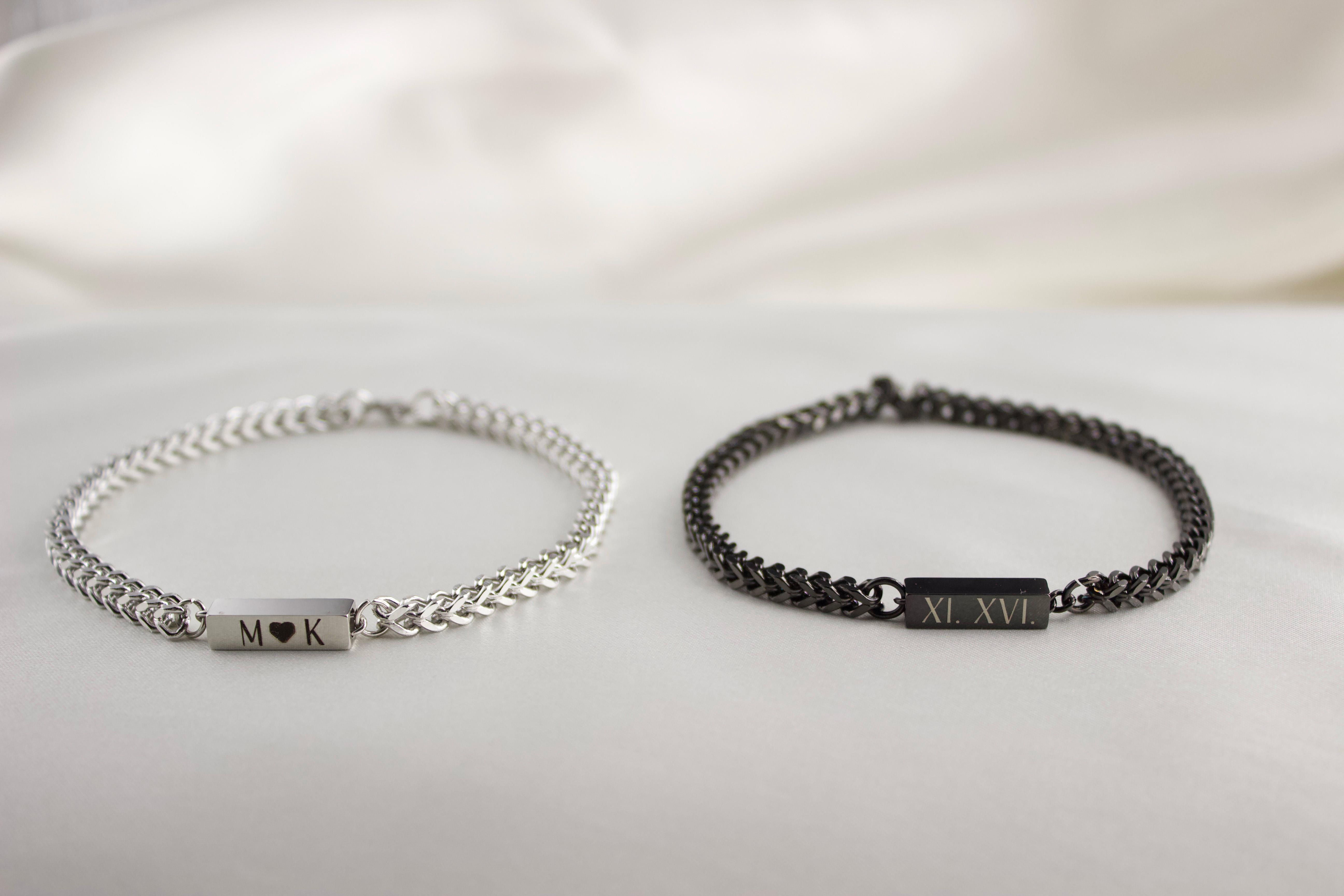 Engraved Black Stainless Steel Bar Bracelet – Personalized Name, Date, or Roman Numeral Jewelry Gift