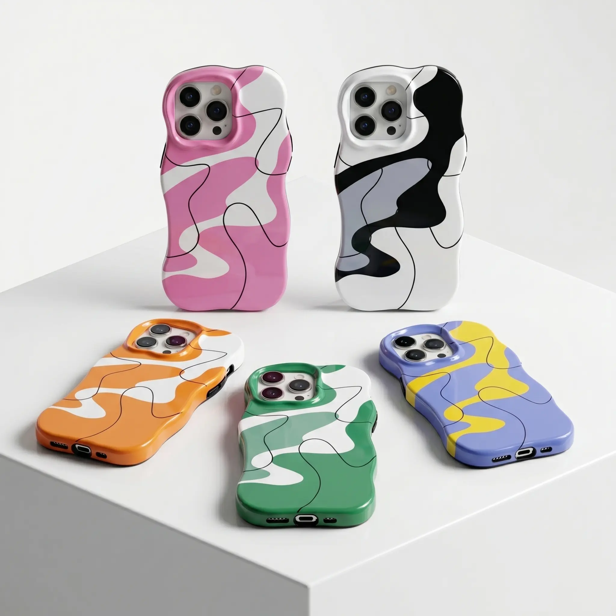 Creative curved geometric art design wave edge phone case, suitable for iPhone 17 Pro Max 16 15 14 13 12 promax  shockproof and anti-drop TPU protective aesthetic, anti-fall protective case, elegant brushstroke shockproof shell