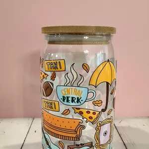 Friends TV Show Glass Cup | 16oz Libbey Glass Can with Bamboo Lid & Straw | Central Perk-Inspired Tumbler | Gift for Friends Fans