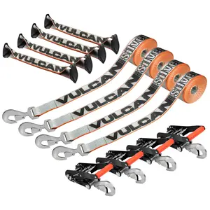 VULCAN 8-Point Roll Back Vehicle Tie Down Kit with Snap Hooks on Both Ends - Set of 4 - Silver Series Adjustable Rope Heavy Duty Nylon
