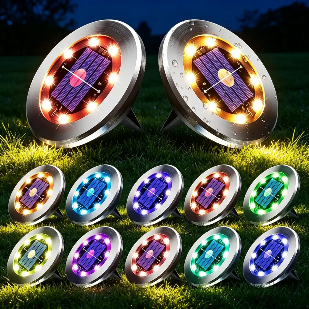 12pcs Solar Ground Outdoor Lights, 8 LED RGB Color Changing Disc Buried Path Lawn Lights, Multi Colour IP44 Waterproof Dustproof Stainless Steel, Light Controlled Auto Colorful Switch, For Garden Courtyard Front Yard Sidewalk Driveway Night Lighting