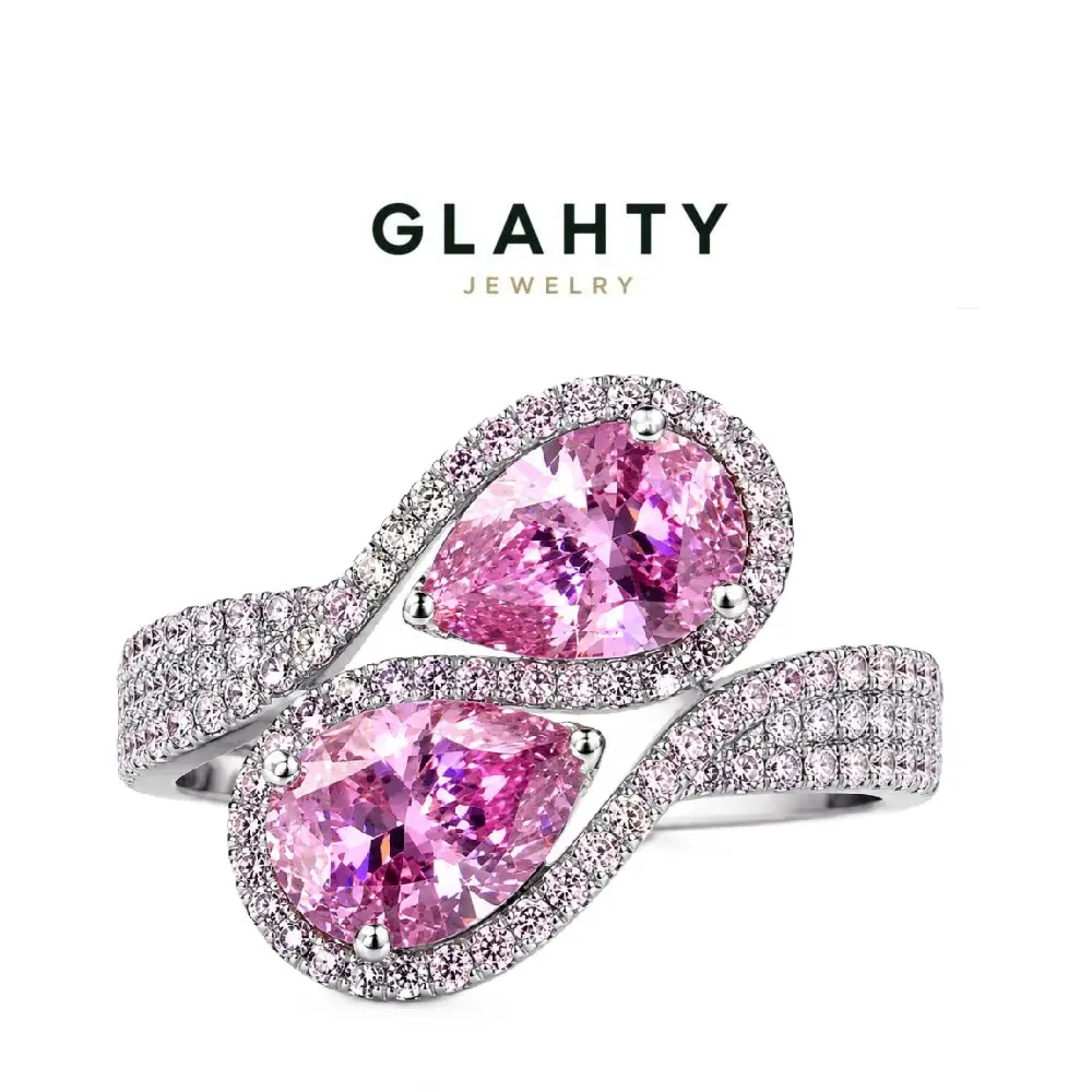 Glahty Jewelry Pear Cut Pink/Yellow/White High Carbon Diamond Ring, S925 Sterling Silver with Five-Layer Platinum Plating, Luxury Engagement Ring for Women