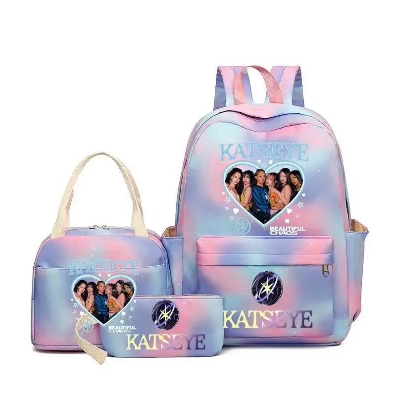 KATSEYE School Backpack Set for Girls - Pastel Tie-Dye Heart Music Group Bookbag 3PCS Bundle with Lunch Bag & Pencil Case, Large Capacity Travel Bag