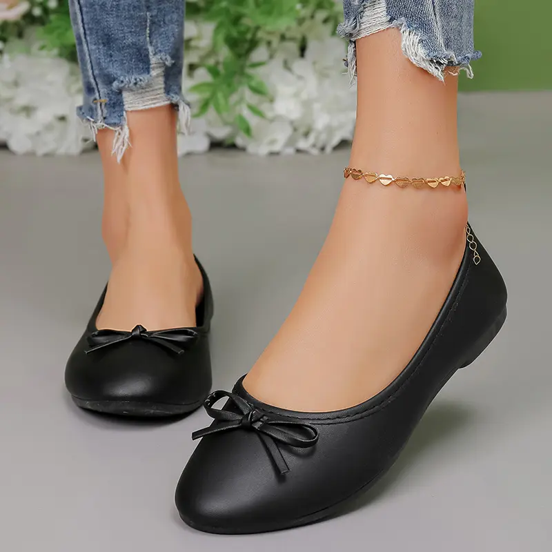 Women's Black Ballet Flats with Bow Accents, Elegant Pointed Toe Slip-On Shoes, Comfortable for Office and Casual Wear, Black Bow Accents Ballet Flats, Stylish, Footwear