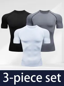 3 Pieces Men's Sports Quick Dry T-Shirt, Gray, Black, WhiteCasual print, breathable polyester, Outdoorfun,short sleeve crew neck,precision crafted for gym, running and workout, sports t-shirt, fitness wear Style Fathersdaygift