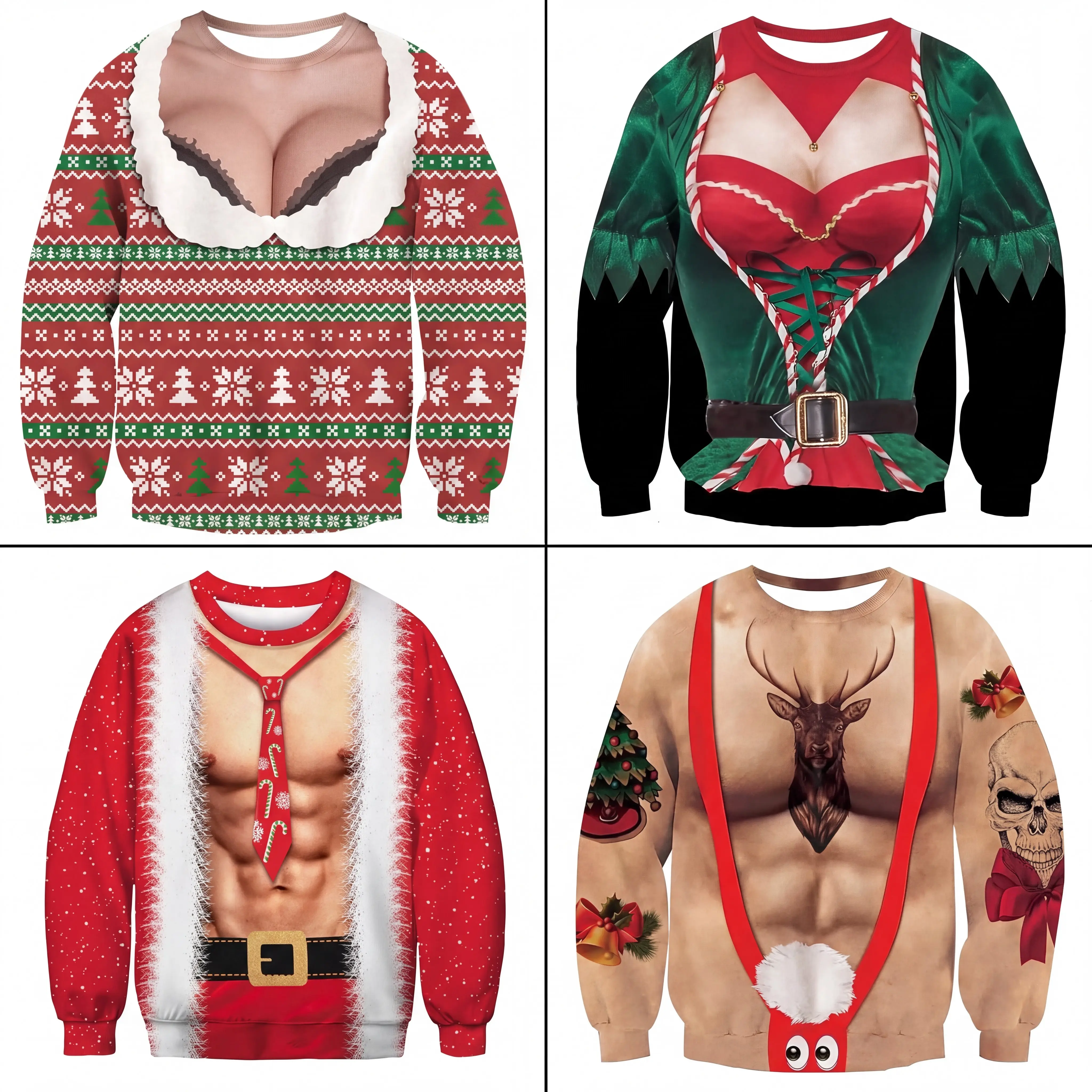 Funny Fake Muscle And Sexy Body Ugly Christmas Sweater, Hilarious Holiday Party Pullover Sweatshirt, Novelty Xmas Costume Top, Winter Festive Apparel
