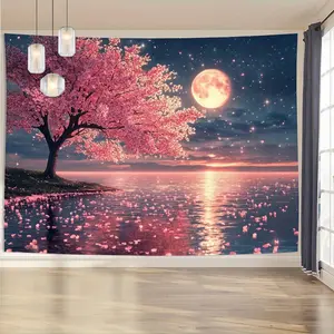 2D Flat Polyester Summervibes Banner with Pink Cherry Tree Backdrop, Ideal for Birthday Party Decorations, Living Room Home Supplies