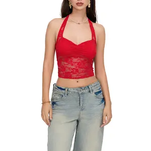 Women's Halter Tank TopsFit Backless Sleeveless See Through Tie-Up Lace Crop Vest
