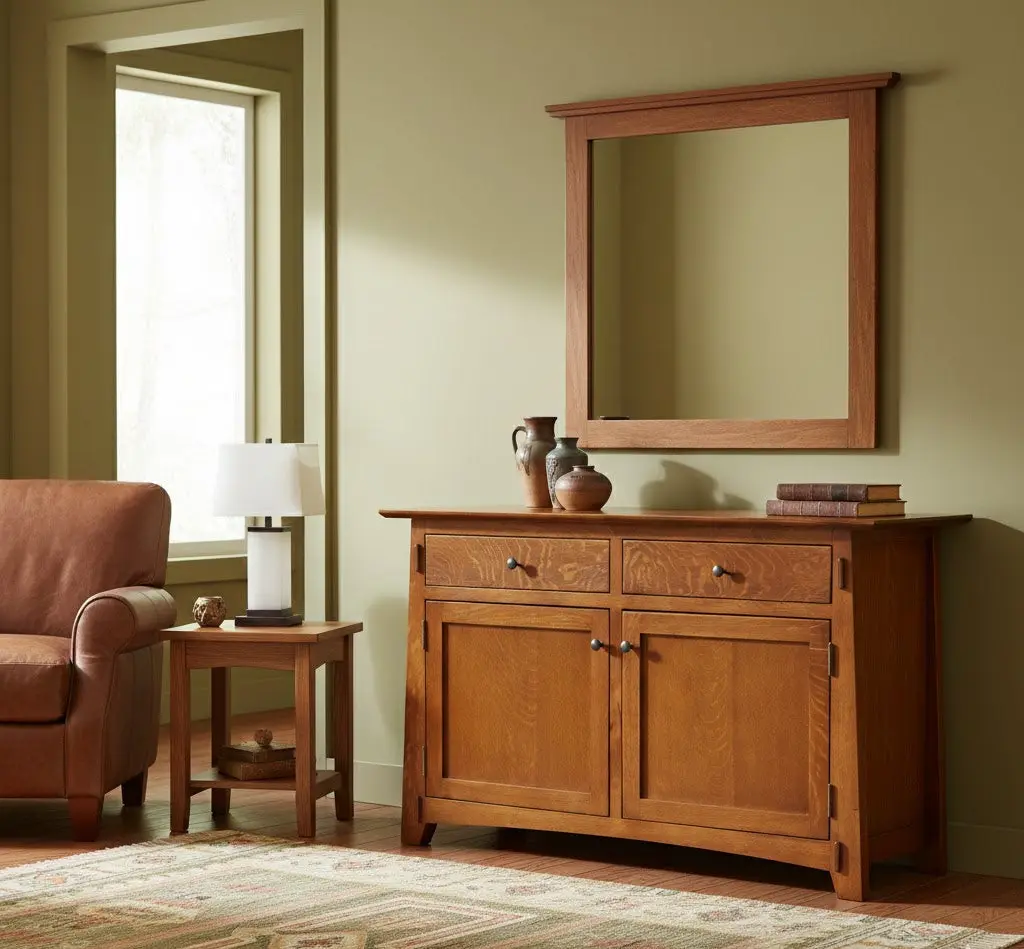 Indoor Solid Quarter Sawn Oak Wood Storage Cabinet - Mission Arts and Crafts Style, Stain-Ready, Model A34
