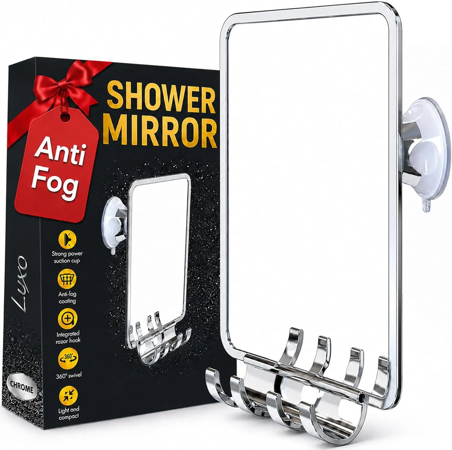 Luxo Shower Mirror, Shower Mirror fogless for Shaving with a Removable Razor Holder - Shaving Mirror for Shower with a Powerful Suction Cup - Shatterproof fogless Mirror for Shower (Chrome)