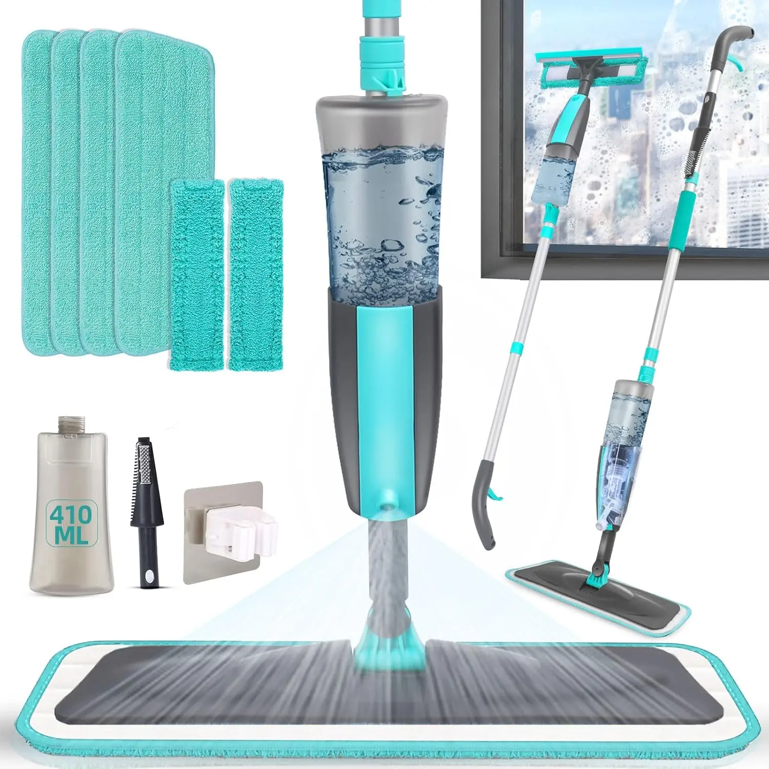 Microfiber Spray Mop for Floor Cleaning Dry Wet Dust Mop for Kitchen Wood Floor Hardwood Laminate Ceramic Tiles 360 Degree Mop Set with 4 Mop Heads Replacement 1 Scraper 1 Mop Holder 1 Bottle