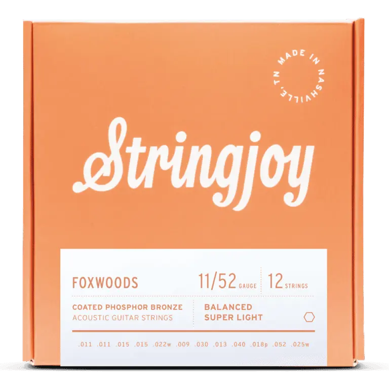 Stringjoy Coated Phosphor Bronze 12-String Acoustic Guitar Strings - Super Light Gauge Foxwoods (.011-.011-.015-.015-.022W-.009-.030-.014-.040-.018P-.052-.025W), Coated Wrap, Flexible, PFAS-Free, Bright Lively Tone, Red Button, 5x5, Extended Longevity
