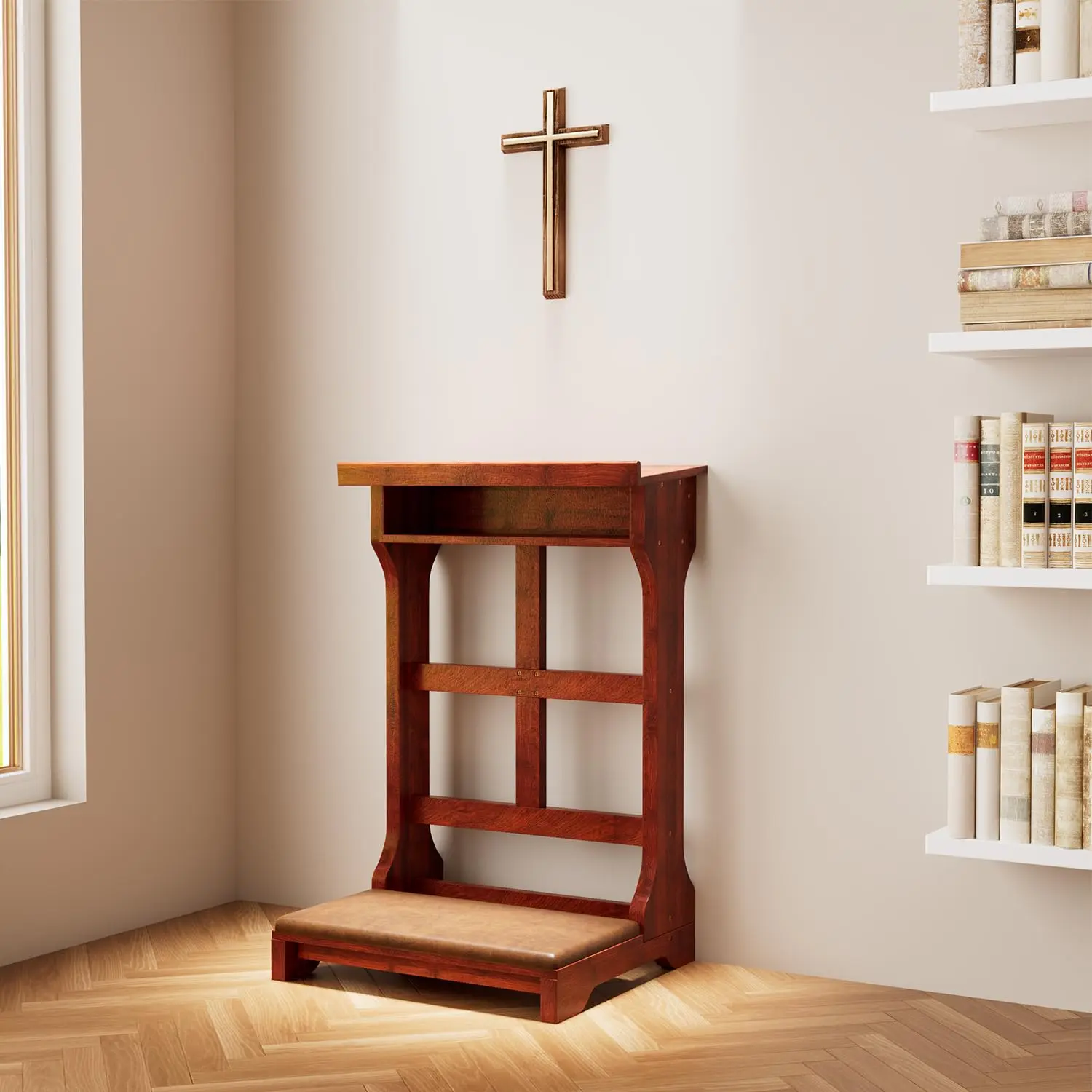 YODOLLA Acacia Wood Prayer Kneeler Bench with Storage Shelf & Soft Cushion, Comfortable Wooden Kneeling Meditation Seiza Stool for Praying at Home or Church