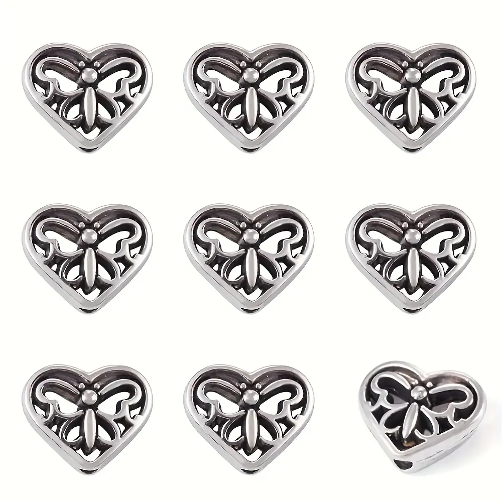 100pcs Vintage Silvery Hollowed-Out Heart-Shaped Butterfly Spaced Beads (10x12mm) - DIY Beading & Jewelry Making Supplies for Adults, Family & Friends, Party & Daily Wear Projects