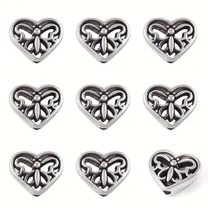 100pcs Vintage Silvery Hollowed-out Butterfly Heart-shaped Pattern Spaced Beads, 10x12mm, Suitable for DIY Jewelry Making, Bracelets, Necklaces, Earrings, Keychain Accessories, Suitable for Daily Wear Or Party Wear, It Is An Ideal Gift for Friends