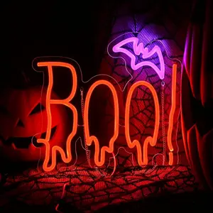 ROSNEK Halloween Neon Signs Light, BOO Bat Neon Light Up Sign for Halloween Party Decorations, Dimmable Neon Halloween Led Sign for Wall Decor, Spooky Boo Neon Sign for Trick or Treat Party Backdrop