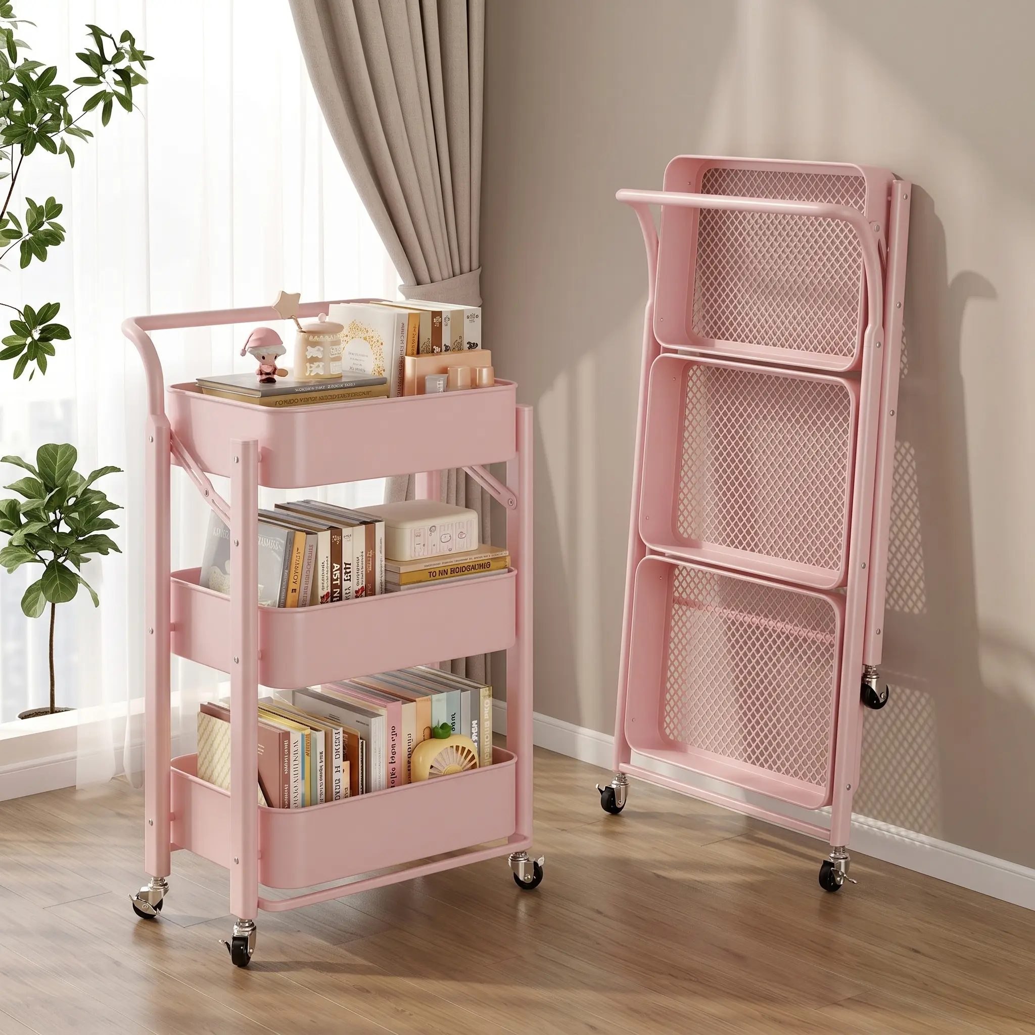 3-Tier Rolling Storage Cart Foldable No Assembly Utility Organizer, Durable Metal, Large Capacity for Kitchen Bathroom Office, with Side Bag, 2 Storage Bins & 4 Hooks