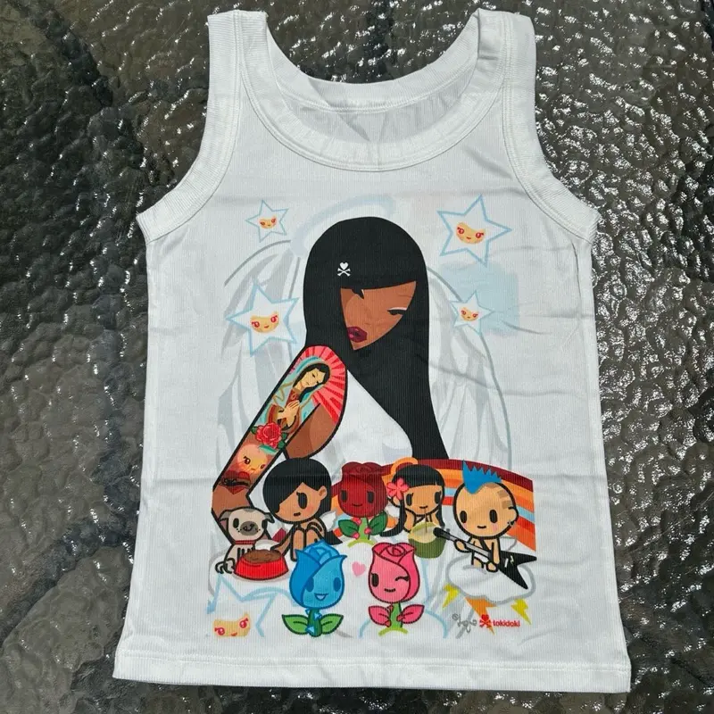 The Fortune Family Anime Manga Tops, Y2K Angelcore Tank Top, Japanese Fashion Streetwear Anime Lovers, Harajuku, Toki Kawaii White Ribbed Graphic Tee Shirts Graphic Art Top, Chibi Tokyo Style, Wide Straps, Scoop Neck Sleeveless Stretchy Tee Baby Tee