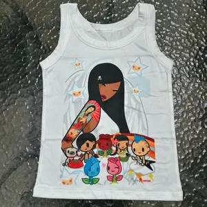 The Fortune Family Anime Manga Tops, Y2K Angelcore Tank Top, Japanese Fashion Streetwear Anime Lovers, Harajuku, Toki Kawaii White Ribbed Graphic Tee, Full Length Shirts Graphic Art Top, Chibi Tokyo Style, Wide Straps, Scoop Neck Sleeveless Stretchy Tee