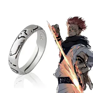 Anime Inspired Jujutsu Kaisen Ryomen Sukuna Itadori Yuji Cosplay Ring, Metal Coated Adjustable Size Statement Ring with Casual Linked Geometric Design, Unisex Costume Jewelry Prop Accessory Gift, Statement Rings