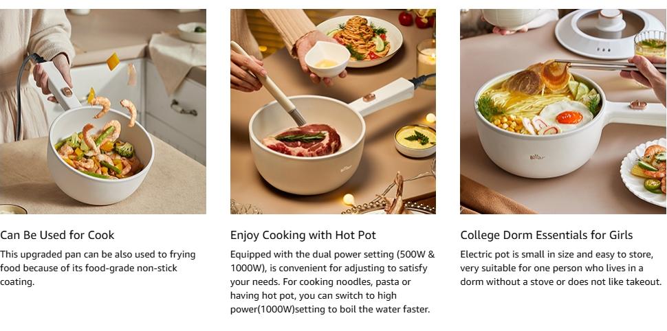 Bear Hot Pot Electric, 2L Multifunctional Portable Cooking Pot, 1000W Rapid Noodles Electric, Non-Stick Frying Pans for Steak, Egg, Ramen, Oatmeal With Dual Power Adjustment