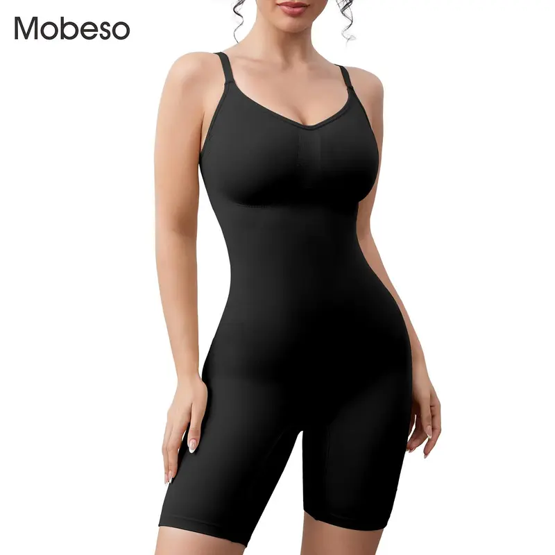 Mobeso Women‘s Seamless Off-Shoulder Bodysuit Top - Mid Thigh Shapewear with Compression Tummy Control & Removable Straps Sleeveless Minimalist Womenswear style Black Basic body suit bodysuit shapewear perfect