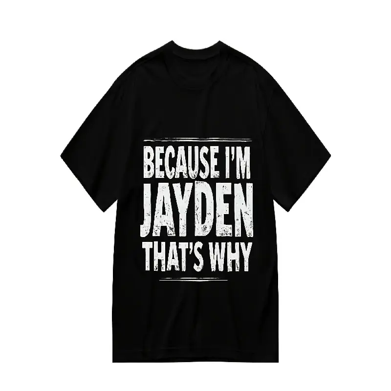 Men's Black Cotton Round Neck Short Sleeve Graphic Tee - Adults' Fitted Fashion Top with White "BECAUSE I'M JAYDEN THAT'S WHY" Print, Geometric/Cartoon Accents, Soft Breathable Vintage Streetwear for Casual Wear/Gifts, Machine Washable All-Season