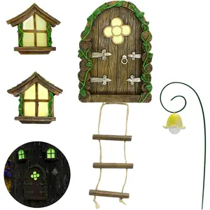 Fairy Door and Windows Garden Kit Accessories Outdoor, Glow in Dark  House for Tree, Lawn Yard Art Sculpture, Miniature Garden Decor (Ladder)