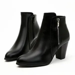 Women's Wide Width Chunky Block Heel Ankle Boots - Pointed Toe Zipper Closure Glossy Black Faux (PU) Round-Toe-like-- - Heavy-Duty Backing for Stability - Professional & Casual for, Parties, Casual Attire