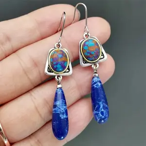 Earrings Bohemian Style Silver Plated Earrings Lapis Blue Stone Dangle Hook Earrings Wedding Engagement Earrings for Women