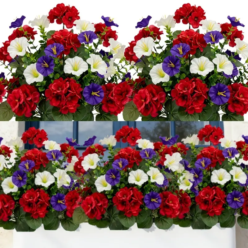 Simulation red geranium and white morning glory bouquet, Artificial flower arrangements, Artificial Flower Decorations, UV resistant and fade-resistant, plastic flowers, suitable for outdoor home decoration and festival event decoration