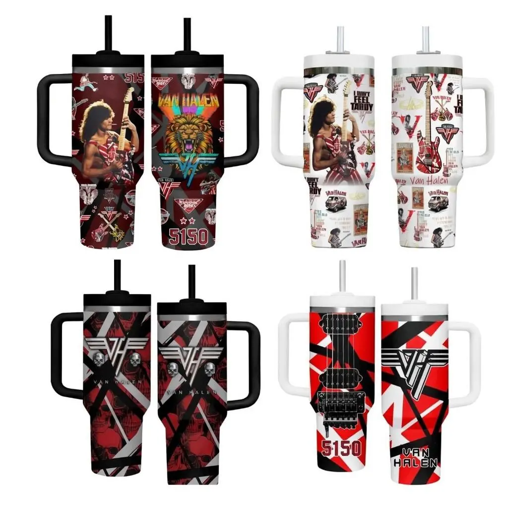 Retro Vintage Van Halen Music Tumbler 40oz With Handle, Classic Rock Band Fan Insulated Travel Cup, Vintage Rock Music Gift Drinkware