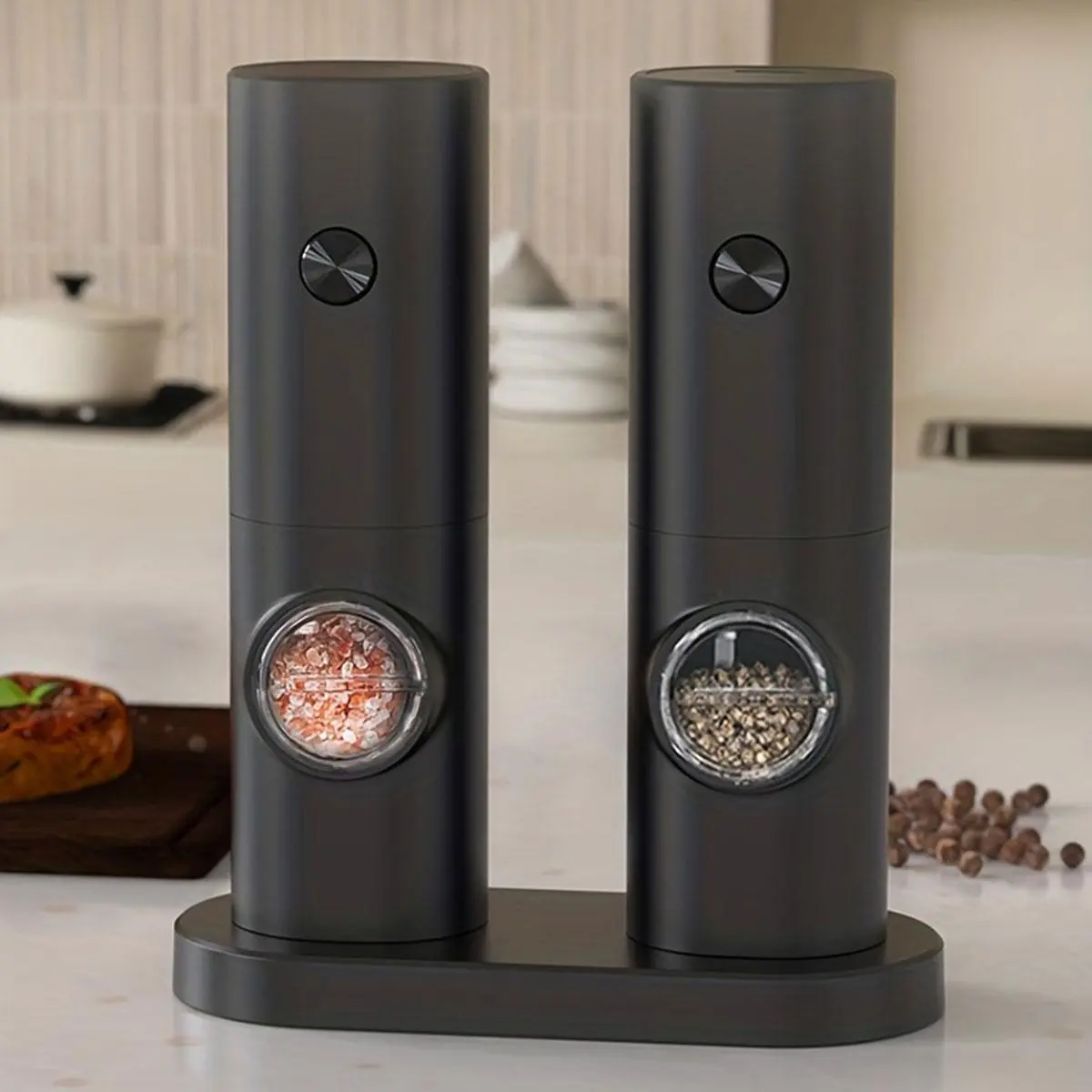Electric Salt & Pepper Grinder Set, 1 Set Adjustable Coarseness Salt & Pepper Mill with Storage Base, Kitchen Seasoning Utensils for Home Dining Room Barbecue Cooking, Salt Pepper Shakers, Kitchen Gadgets, Kitchenware
